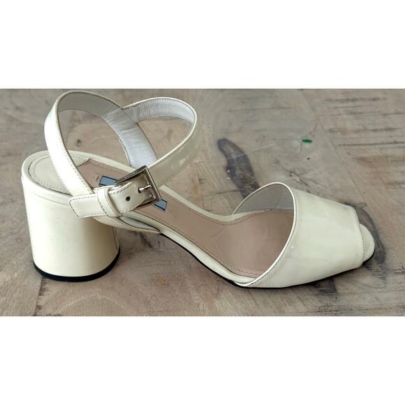 Prada Cream Patent Leather Sandals Peep Toe Heels Size 38 Designer Summer Shoes - Picture 2 of 7